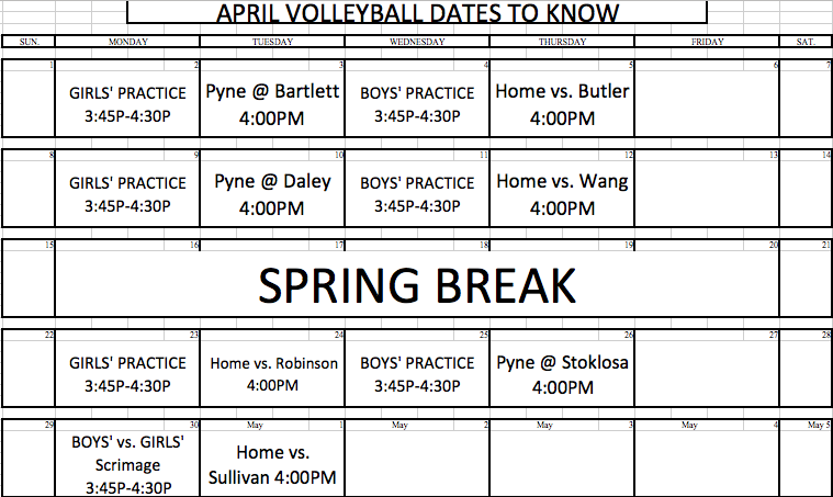 April Volleyball Schedule